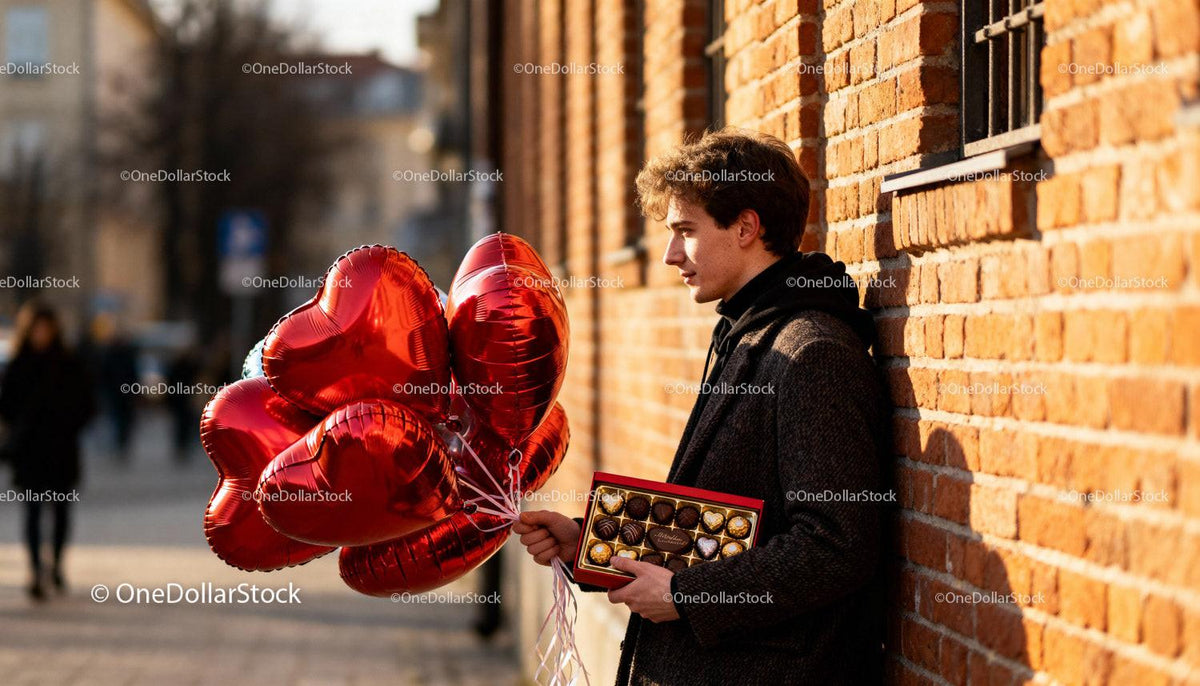 Young man holding chocolates and heart balloons outdoors