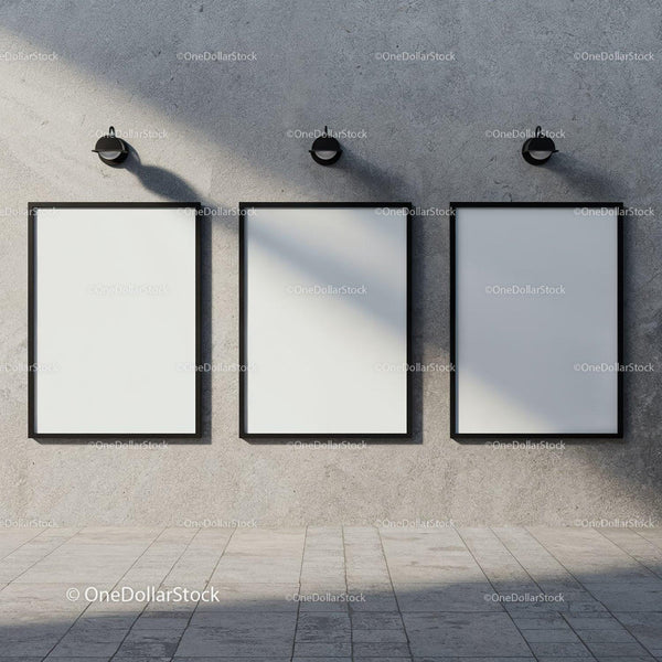 Three Blank Vertical Frames on Concrete Wall with Lighting JPG Mockup Image