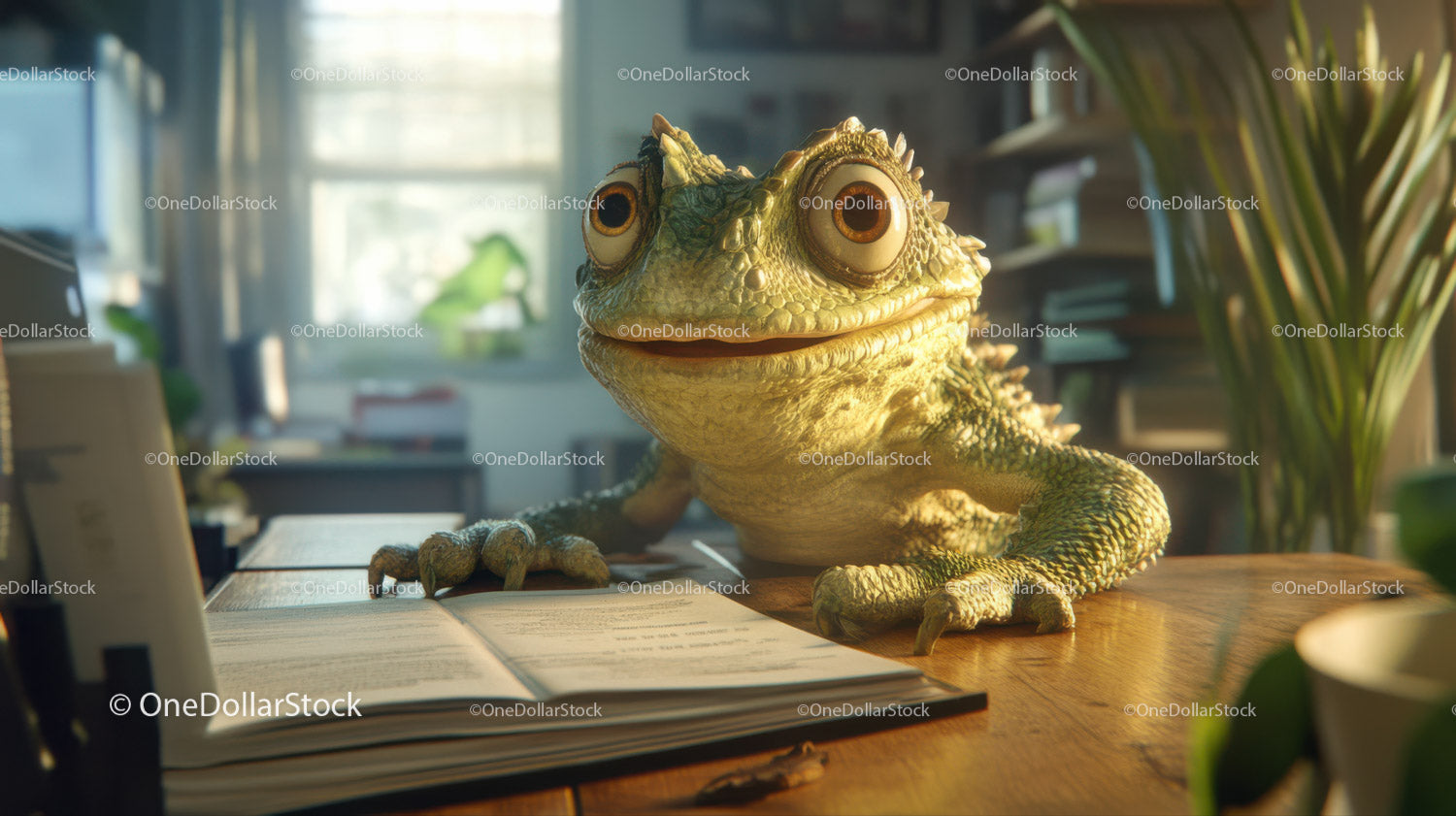 Realistic Green Chameleon in Modern Home Office Workspace