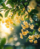 Yellow Blossoms and Green Leaves in Sunlit Garden Scene