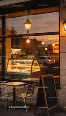 Cozy urban cafe seating with warm evening ambiance