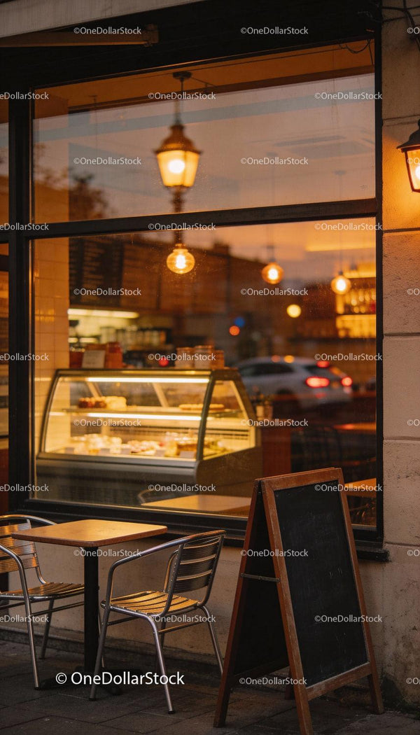 Cozy urban cafe seating with warm evening ambiance