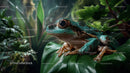 Close-up of Green Tree Frog Resting on Leaf in Tropical Environment