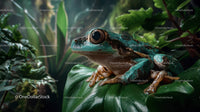 Close-up of Green Tree Frog Resting on Leaf in Tropical Environment