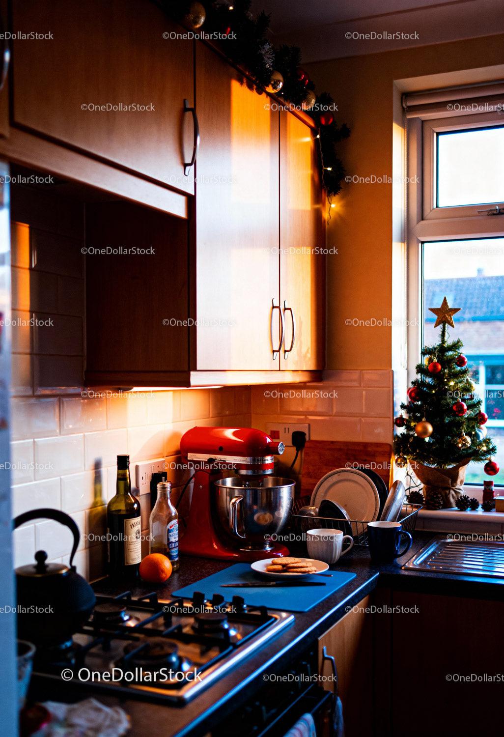 Cozy kitchen with Christmas decorations and baking essentials