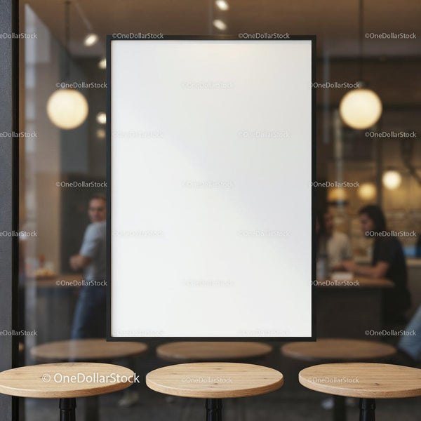 Blank poster in modern cafe seating area JPG Mockup Image