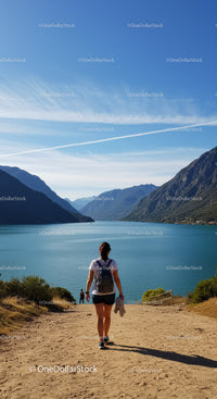 Scenic Mountain Lake with Hiking Woman and Blue Sky