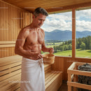 Man Relaxing in Wooden Sauna with Scenic Mountain View