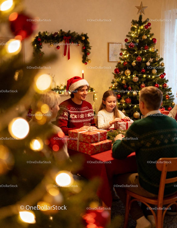 Family around Christmas tree exchanging festive gifts