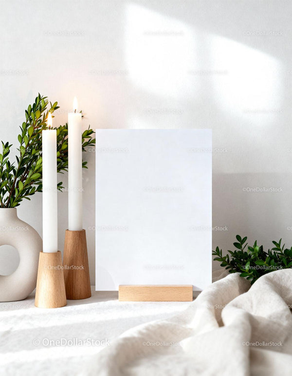 Minimalist candles and greenery with blank card holder