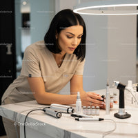 Professional Woman Performing Skincare Routine with Serums and Oils