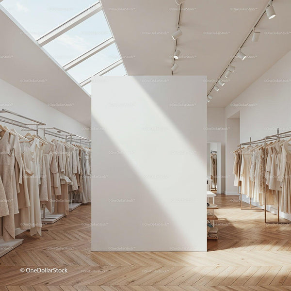 Minimalist Boutique Interior with Neutral Fashion Collection JPG Mockup Image