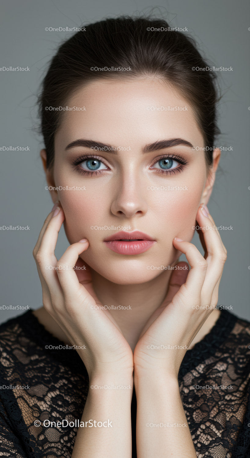 Elegancki portret młodej kobiety z niebieskimi oczami i koronkową bluzką