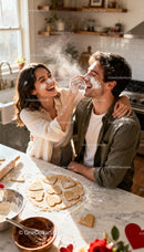 Couple having fun baking heart shaped cookies together