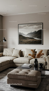 Contemporary Beige Sofa Living Room with Black Coffee Table and Landscape Art
