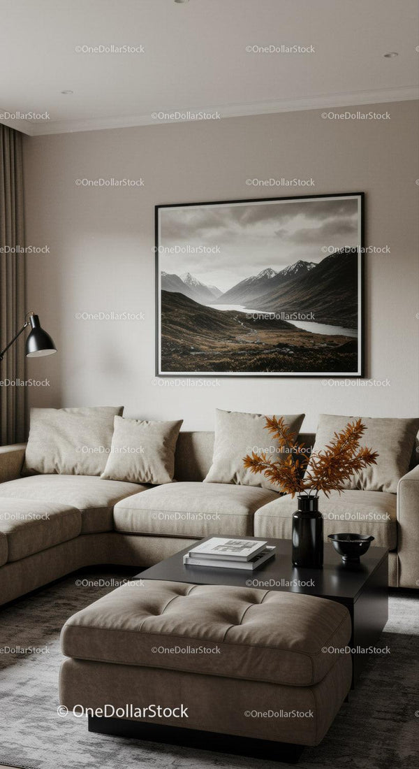 Contemporary Beige Sofa Living Room with Black Coffee Table and Landscape Art