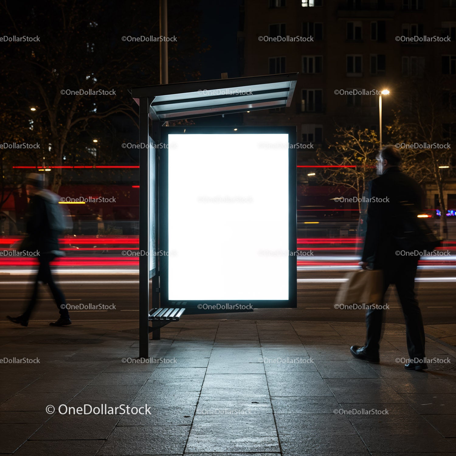 Illuminated Empty Bus Stop Advertising Panel at Night