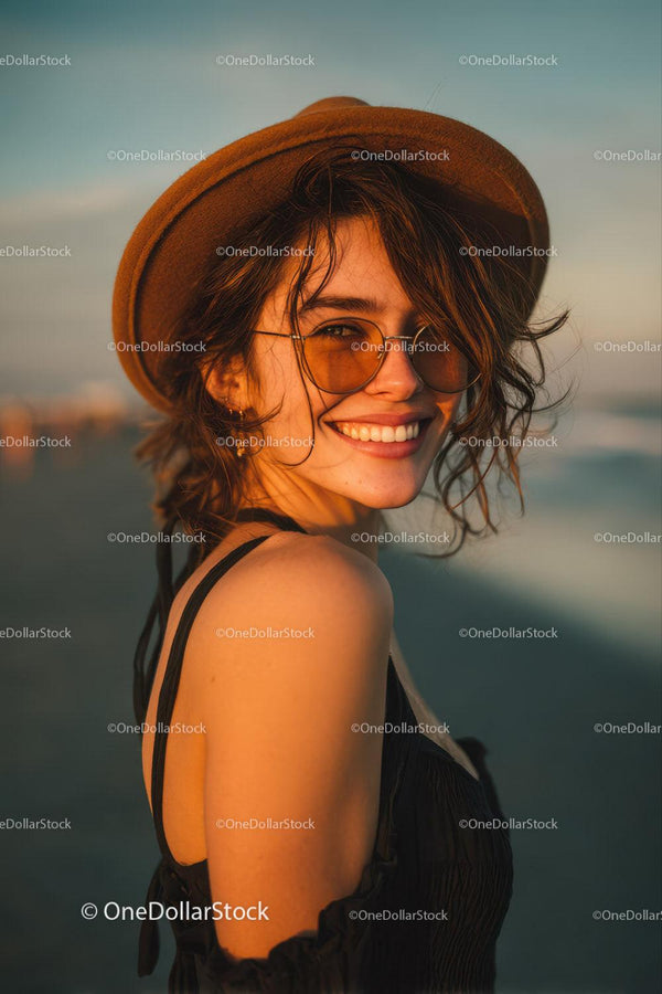 Smiling Woman in Sunglasses on Beach During Sunset