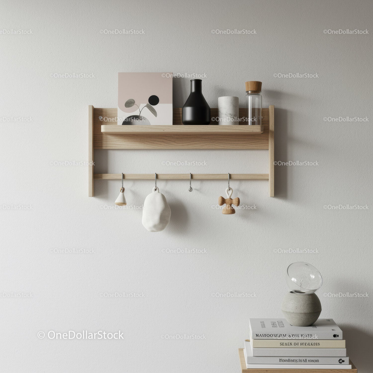 Stylish Wooden Wall Shelf with Vases and Hanging Decor in Minimalist Interior