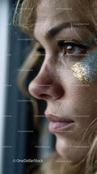 Close-Up of Woman with Artistic Gold Leaf Makeup and Captivating Eyes