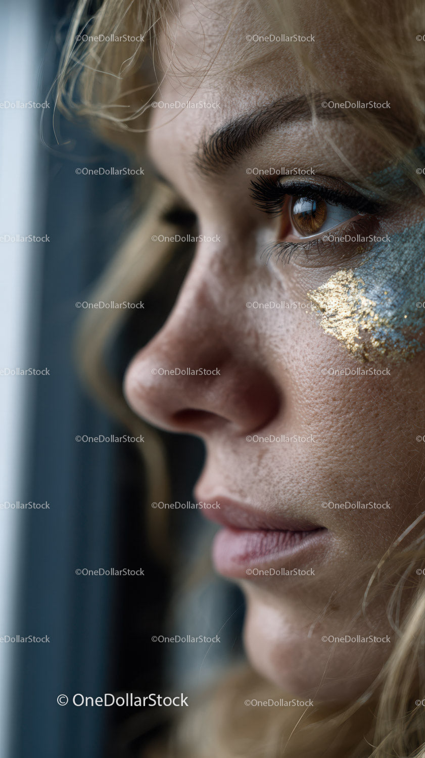 Close-Up of Woman with Artistic Gold Leaf Makeup and Captivating Eyes