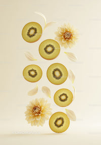 Floating golden kiwi slices with delicate cream flowers
