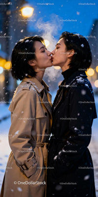 Couple Sharing a Tender Kiss on Snowy Evening