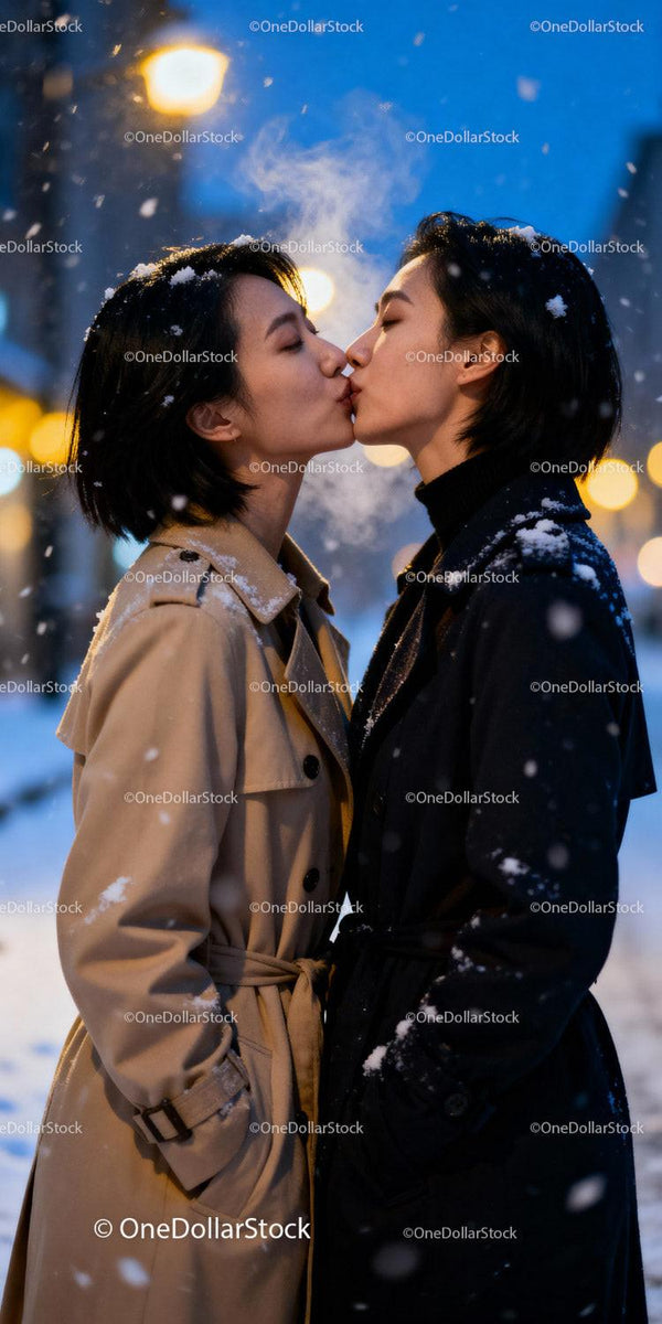Couple Sharing a Tender Kiss on Snowy Evening