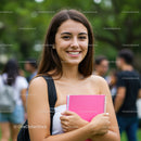 Young Smiling Woman with Pink Notebook in Green Park Outdoor Setting