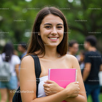 Young Smiling Woman with Pink Notebook in Green Park Outdoor Setting