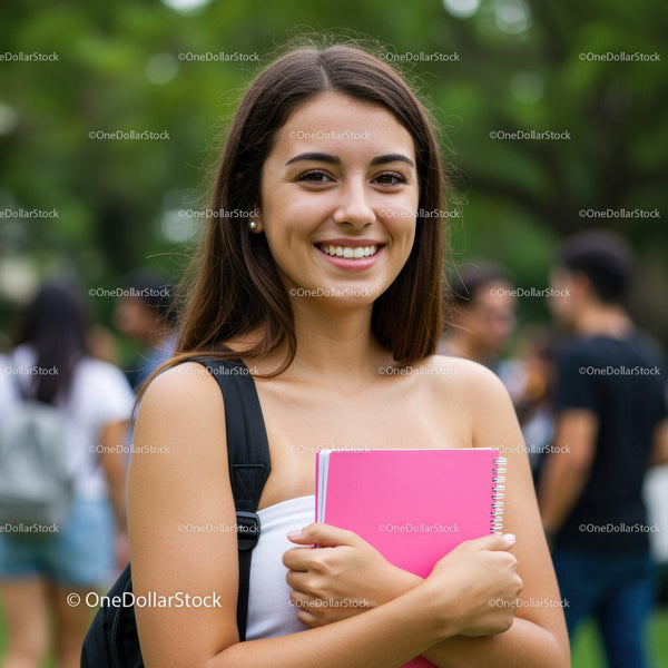 Young Smiling Woman with Pink Notebook in Green Park Outdoor Setting
