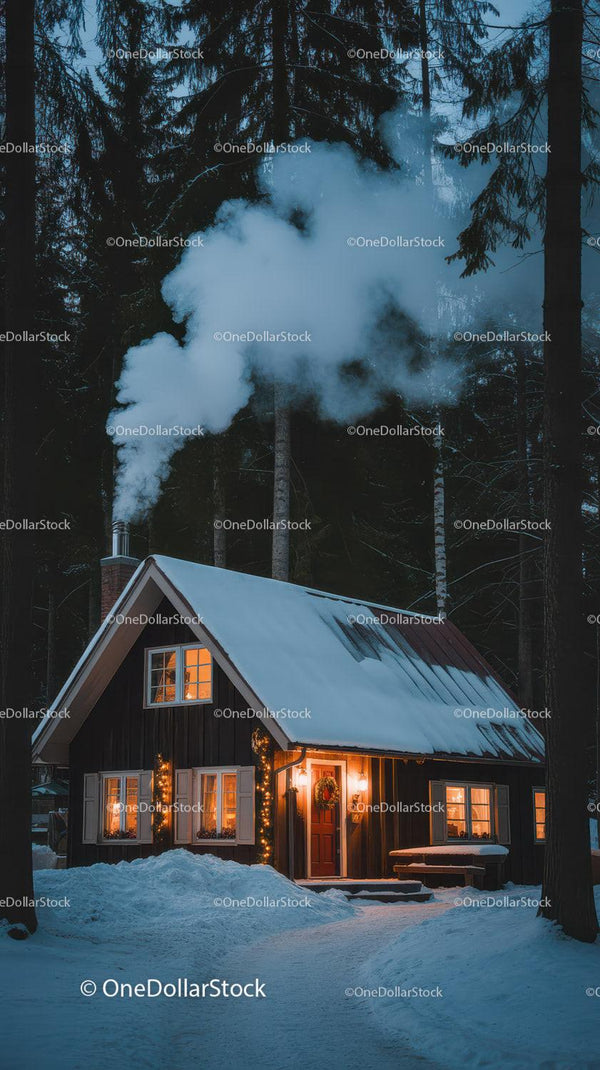 Cozy Winter Cabin with Warm Lights in Snowy Forest