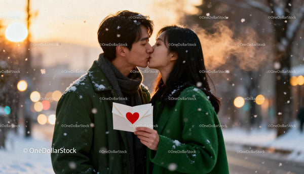 Couple Sharing a Kiss Holding Heart Envelope in Snow