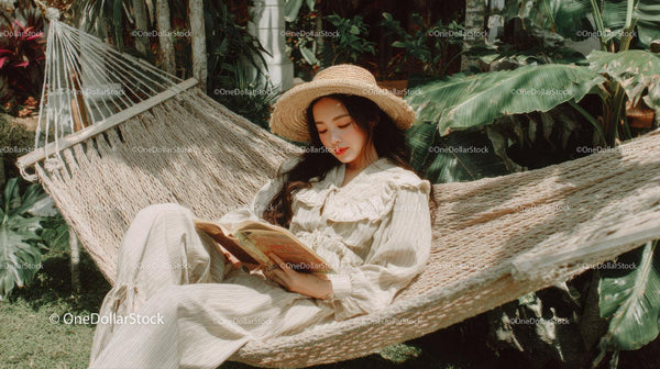 Relaxing Woman Reading Book in Hammock Surrounded by Tropical Greenery
