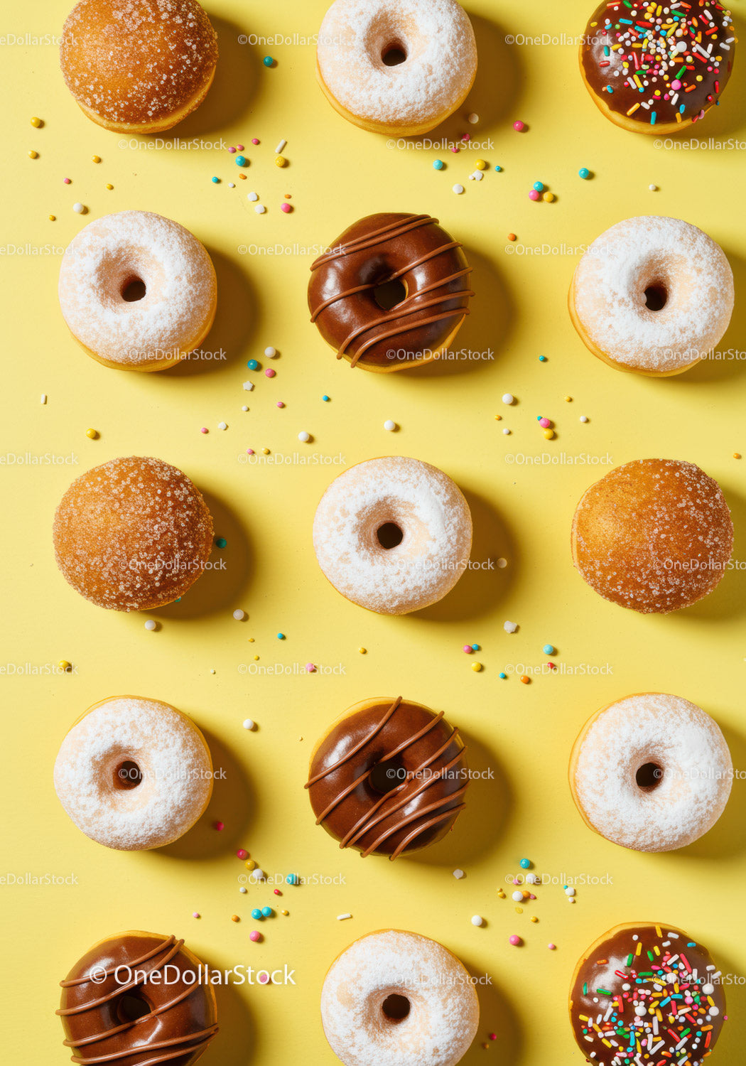 Variety of Donuts Laid Out on Bright Yellow Surface