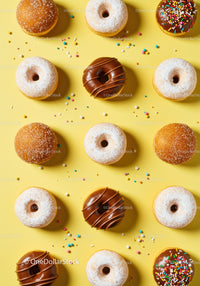 Variety of Donuts Laid Out on Bright Yellow Surface