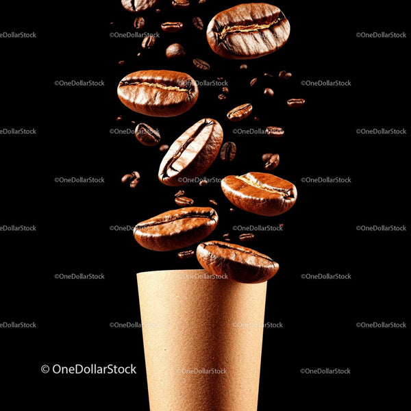 Falling Coffee Beans Above Paper Cup