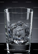 Close up of clear glass with single ice cube and water droplets