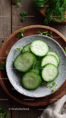 Fresh Cucumber Slices in Rustic Ceramic Bowl on Wooden Surface
