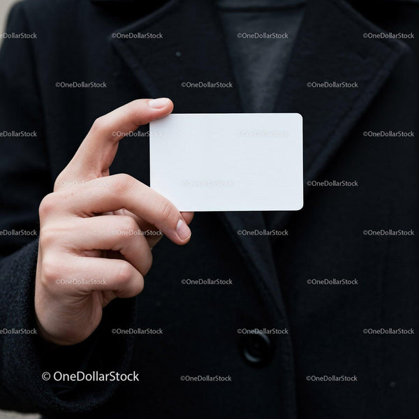 Person Holding Blank White Card in Black Coat JPG Mockup Image