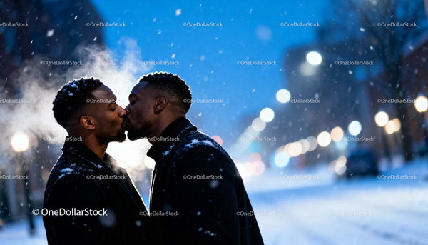 Couple Sharing a Tender Kiss on a Snowy Evening