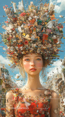 Surreal Woman with Collage Hair Blending Cityscape and Fashion