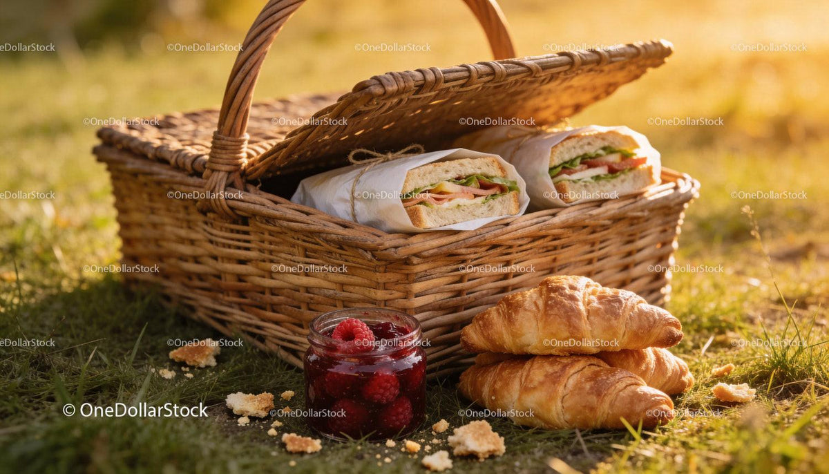 Picnic Basket with Fresh Sandwiches and Croissants Outdoors