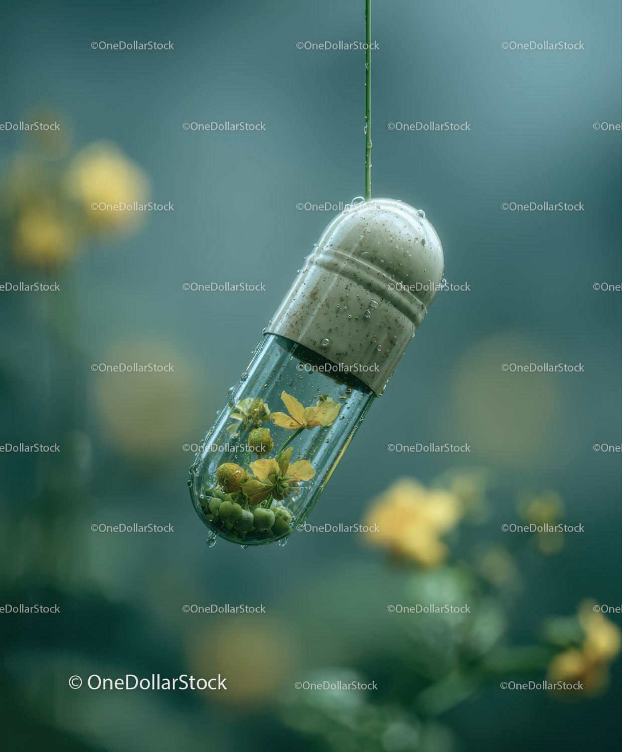 Herbal Capsule with Fresh Greenery and Water for Natural Wellness