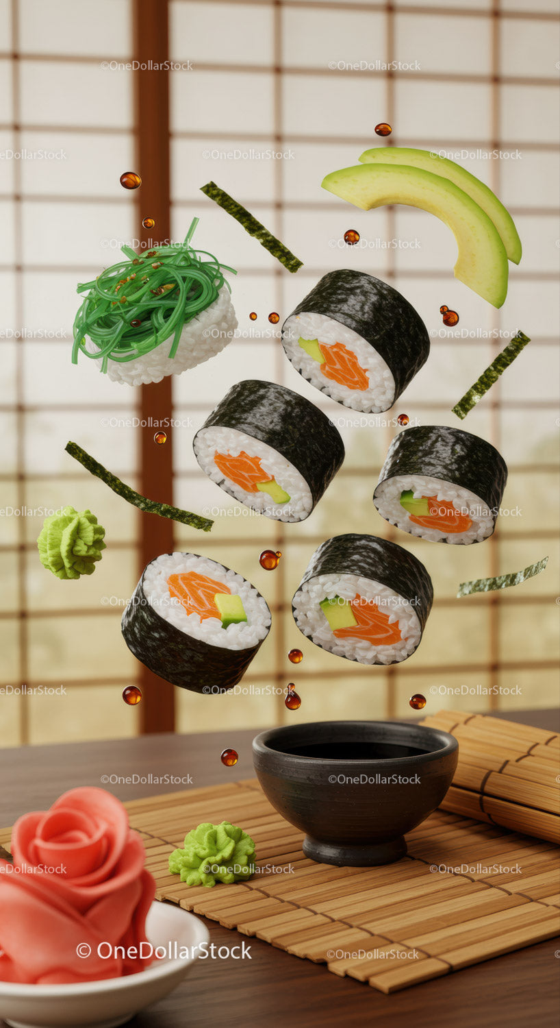 Różne rolki sushi z wodorostami i sosem do maczania