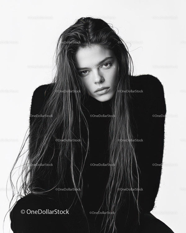 Black and White Portrait of Young Woman with Wet Hair in Studio