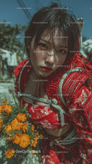 Young Woman in Red Patterned Clothing with Orange Flowers in Outdoor Setting