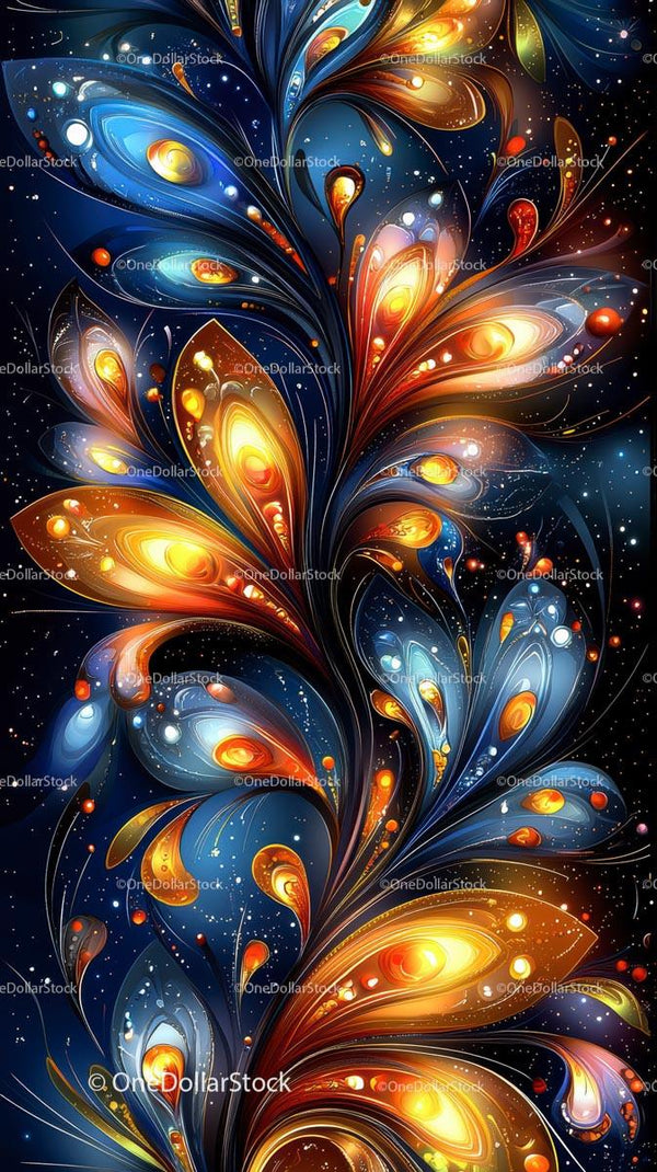 Abstract Digital Artwork with Glowing Floral and Cosmic Elements