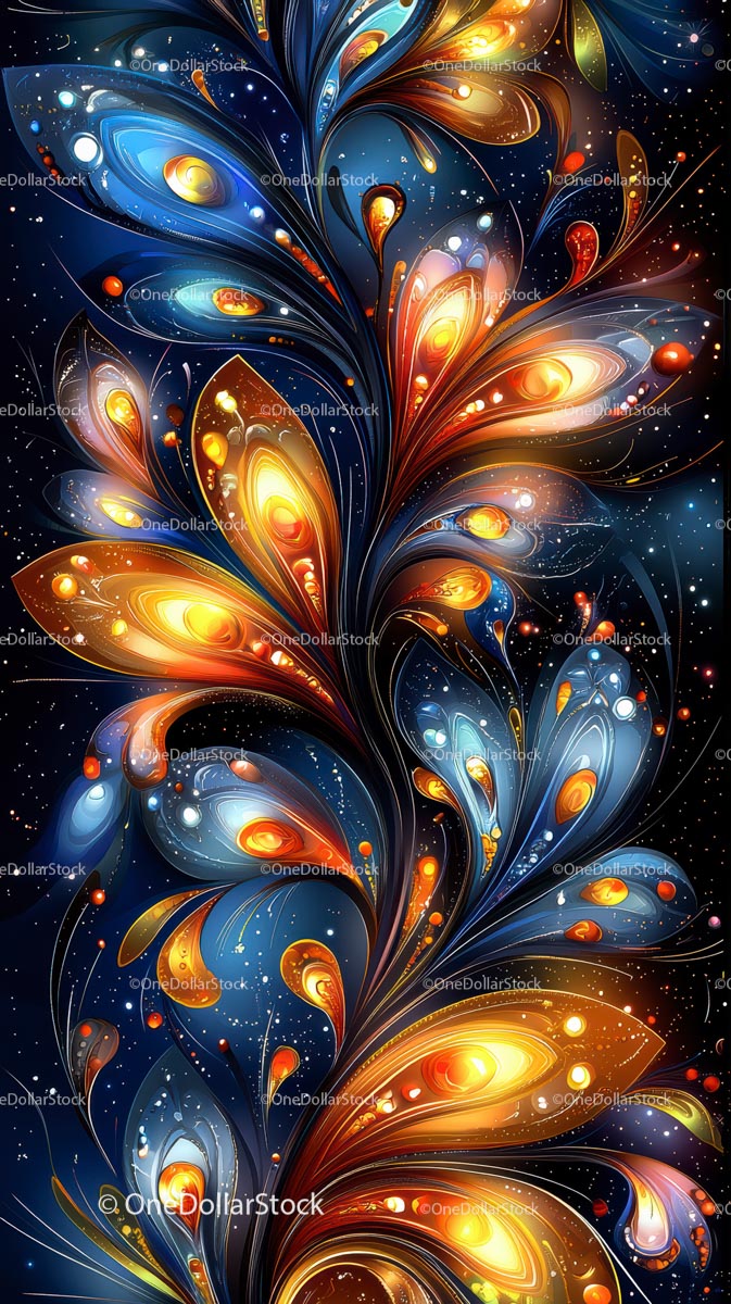 Abstract Digital Artwork with Glowing Floral and Cosmic Elements