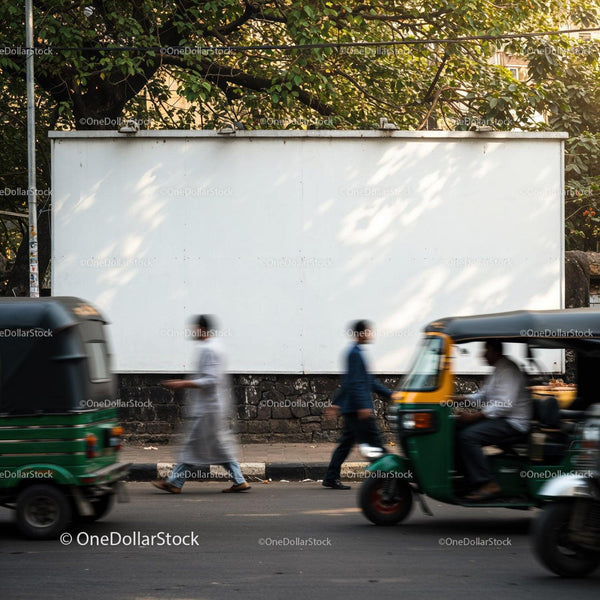 People and Rickshaws Passing by Blank City Billboard JPG Mockup Image
